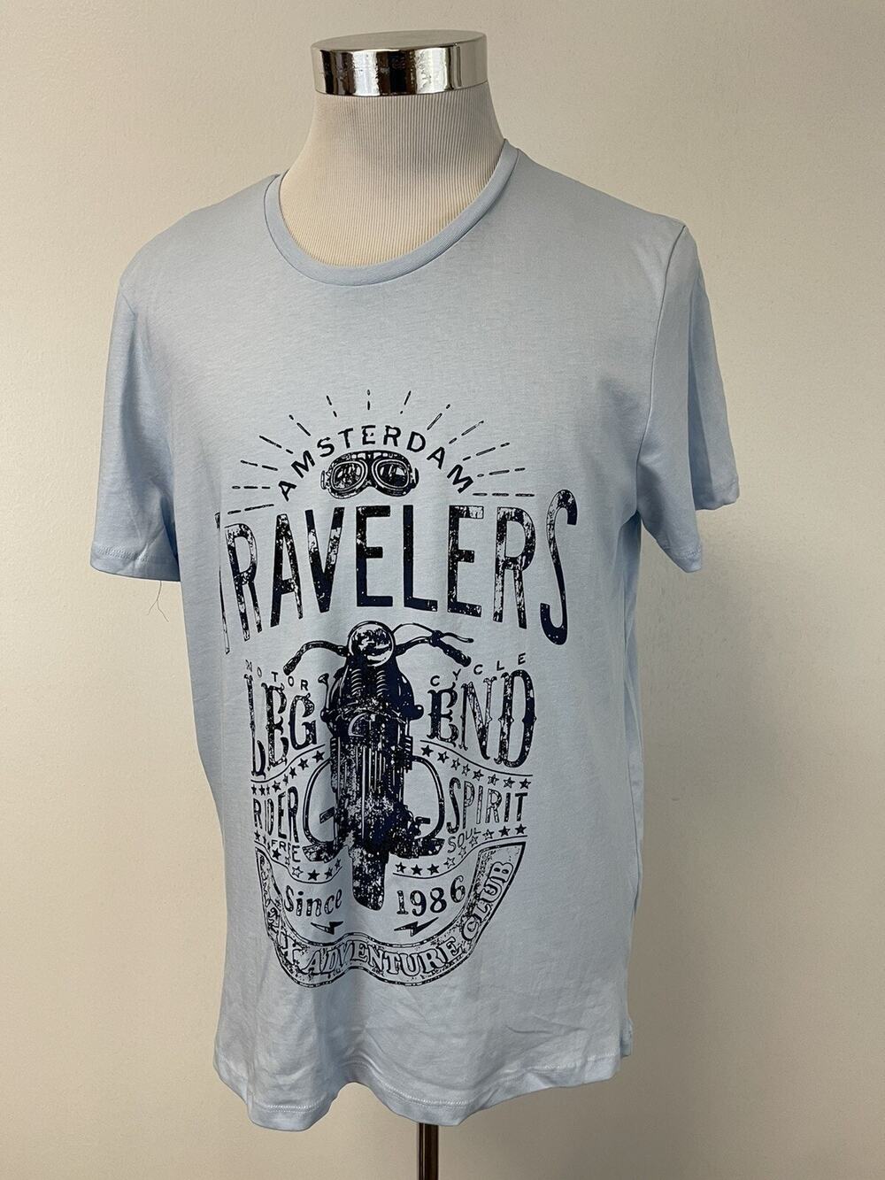 Mexx Shirt Mens Large Crew Neck Tee Shirt Blue Motorcycle Legend Amsterdam A10